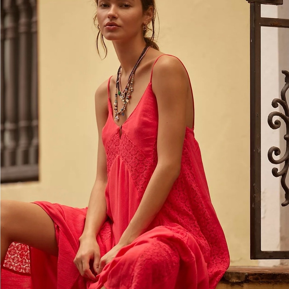 Free People Trail Of Flowers Orange Lace Panel Halter Low Back Maxi Dress